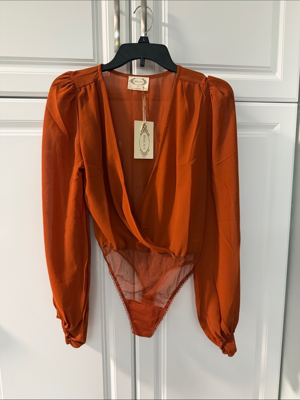 Joyfolie Rust Orange Satin Wrap Bodysuit